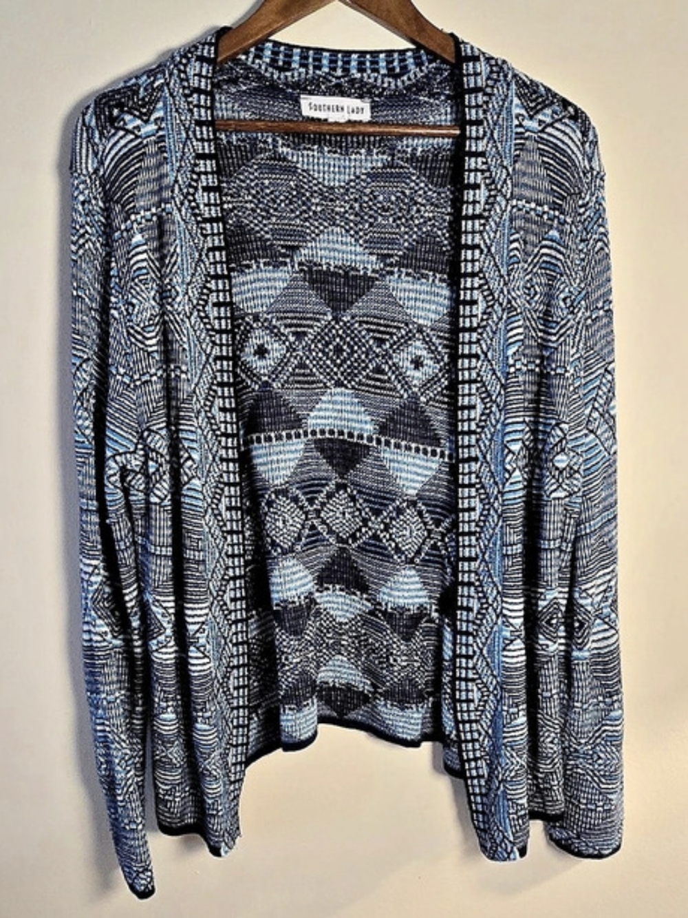 Southern Lady Blue Geometric Open Front Cardigan M